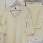 Cream mul cotton churidar set with lining, pastel pink and powder blue floral embroidery, matching dupatta, 3/4 sleeves and V-neck bead detail 