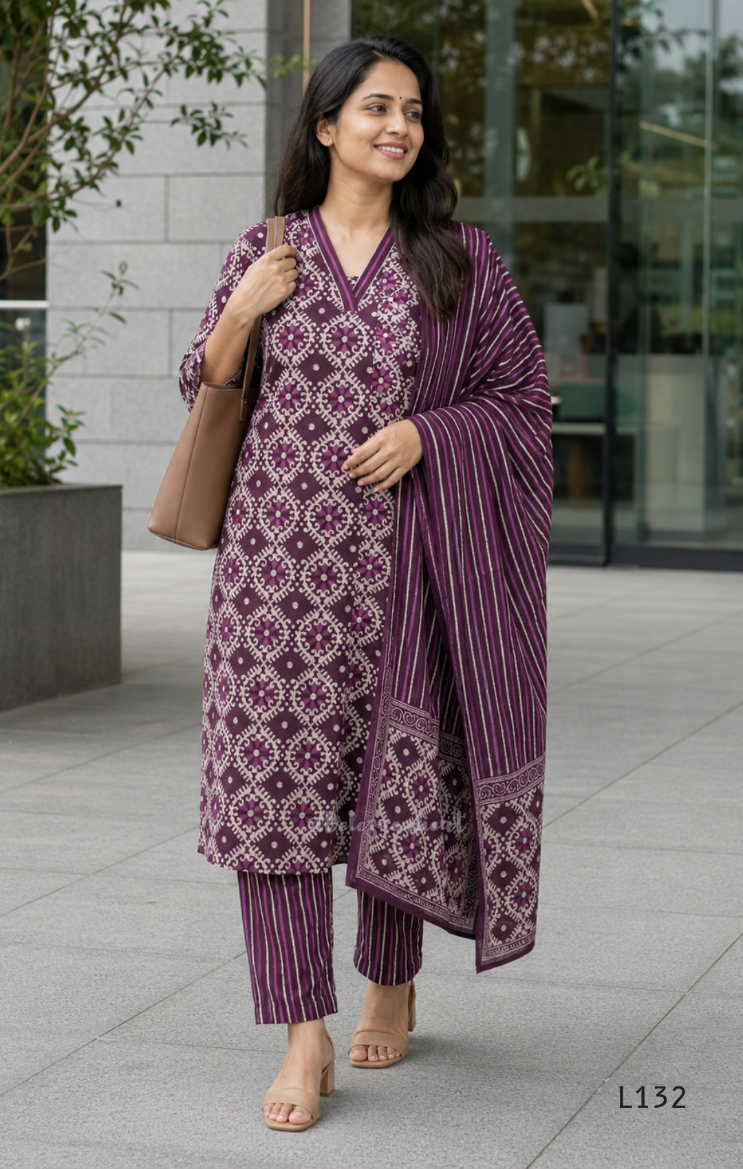 Deep Plum Cotton Churidar Set with Geometric Print