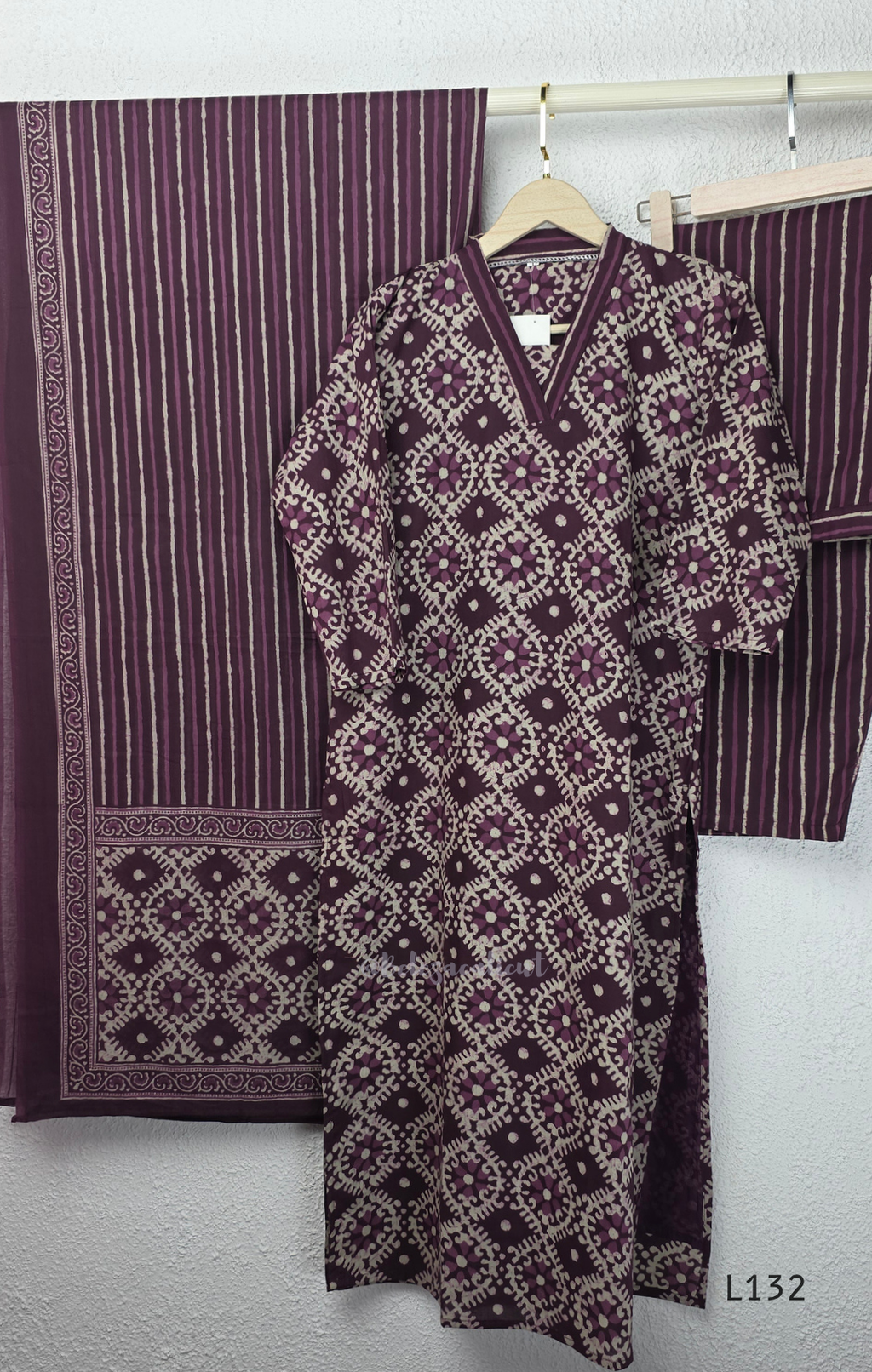 Deep Plum Cotton Churidar Set with Geometric Print