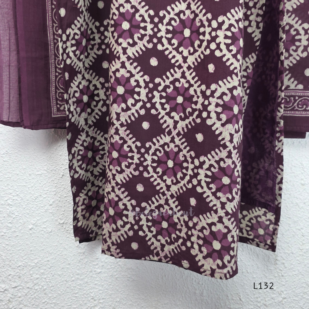 Deep Plum Cotton Churidar Set with Geometric Print