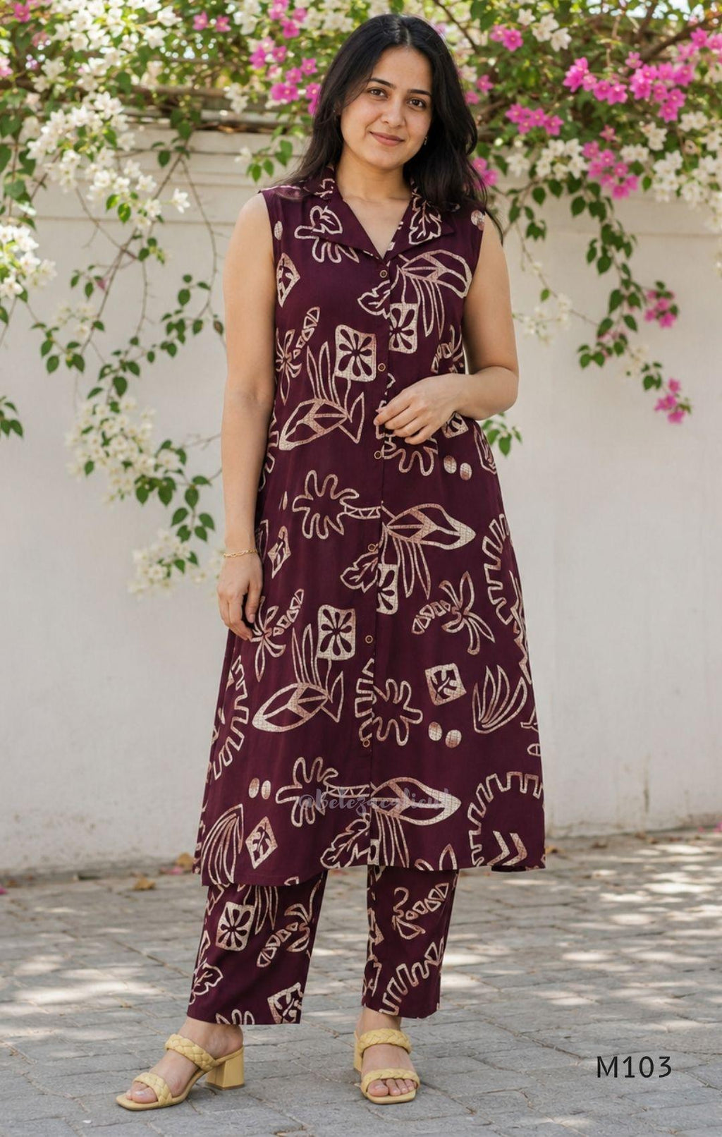 Deep plum rayon A-line 2-piece set with beige abstract print, collar neckline, front buttons and matching printed bottom.