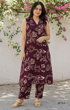 Deep plum rayon A-line 2-piece set with beige abstract print, collar neckline, front buttons and matching printed bottom.