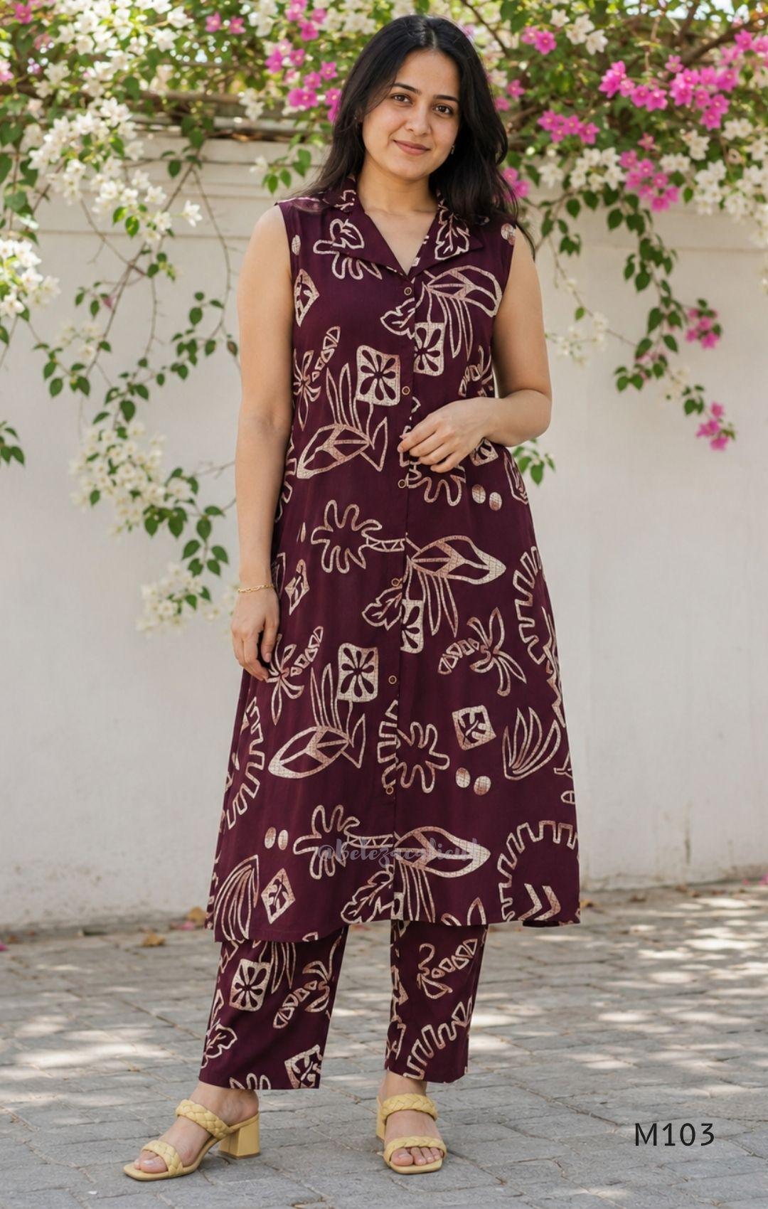 Deep plum rayon A-line 2-piece set with beige abstract print, collar neckline, front buttons and matching printed bottom.
