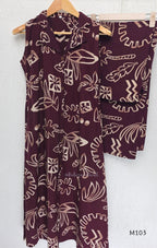 Deep plum rayon A-line 2-piece set with beige abstract print, collar neckline, front buttons and matching printed bottom.