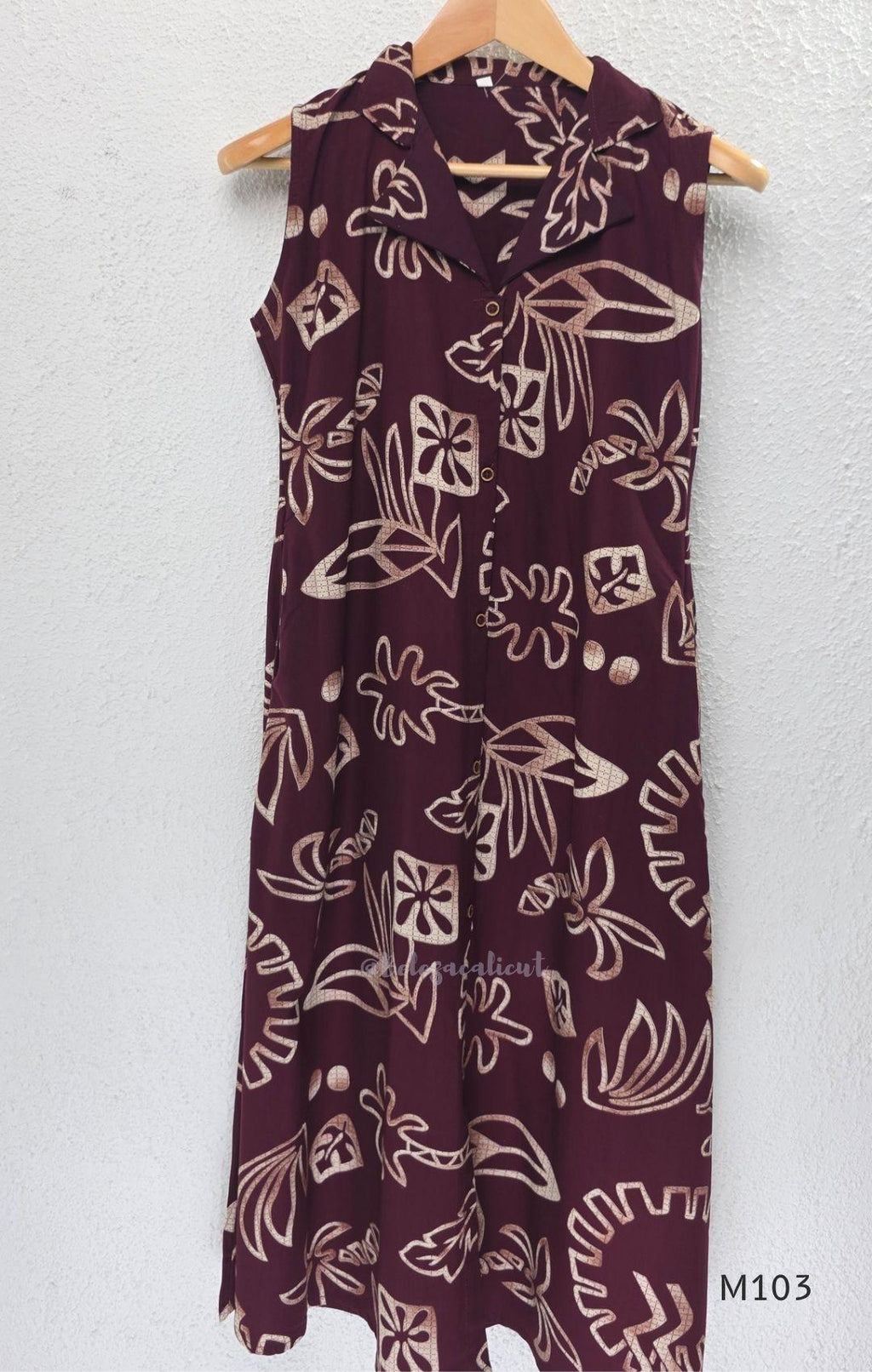 Deep plum rayon A-line 2-piece set with beige abstract print, collar neckline, front buttons and matching printed bottom.