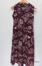 Deep plum rayon A-line 2-piece set with beige abstract print, collar neckline, front buttons and matching printed bottom.