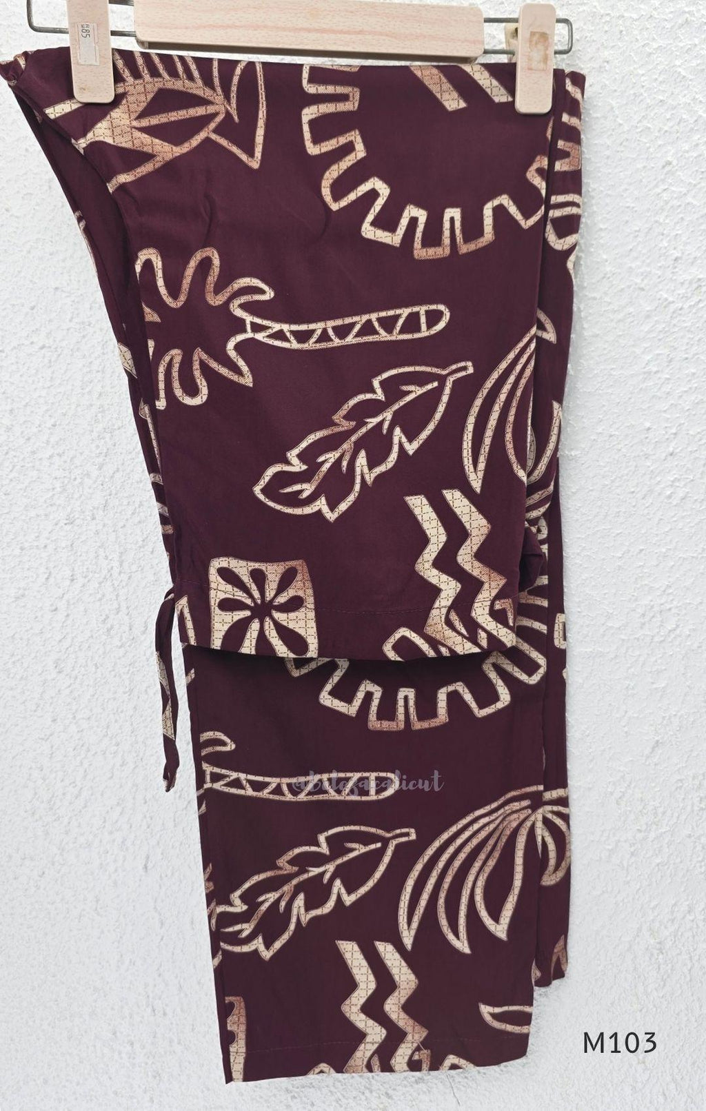 Deep plum rayon A-line 2-piece set with beige abstract print, collar neckline, front buttons and matching printed bottom.