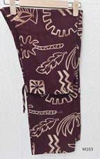 Deep plum rayon A-line 2-piece set with beige abstract print, collar neckline, front buttons and matching printed bottom.