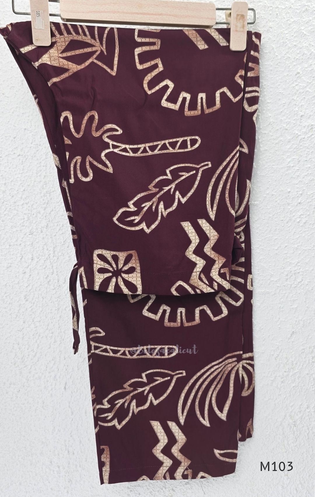 Deep plum rayon A-line 2-piece set with beige abstract print, collar neckline, front buttons and matching printed bottom.