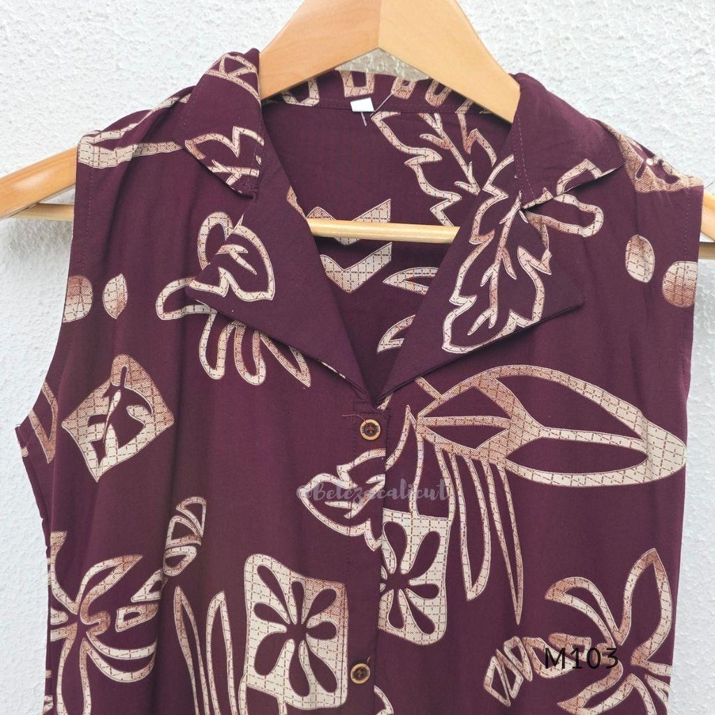Deep plum rayon A-line 2-piece set with beige abstract print, collar neckline, front buttons and matching printed bottom.