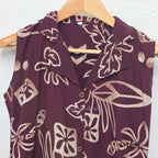 Deep plum rayon A-line 2-piece set with beige abstract print, collar neckline, front buttons and matching printed bottom.
