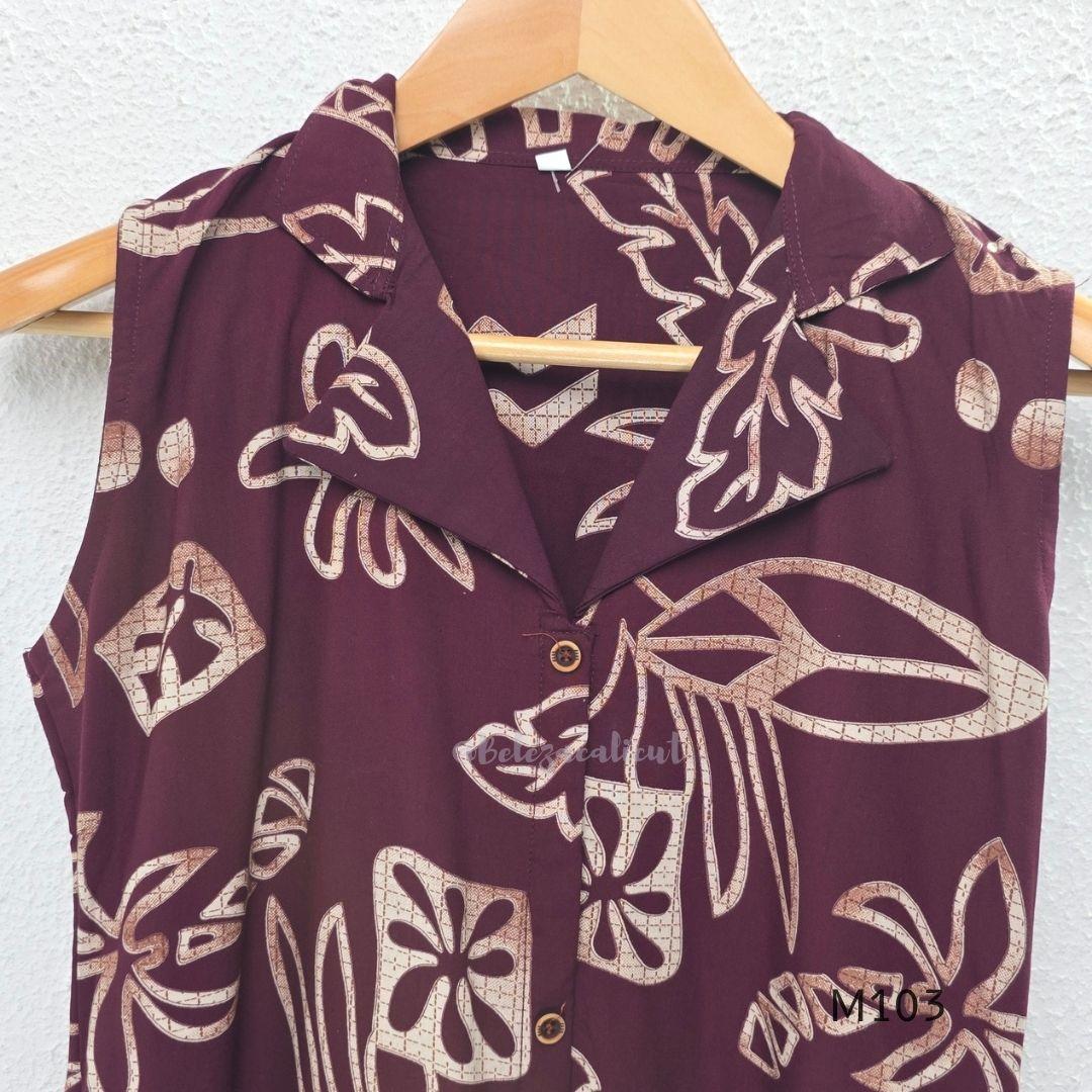 Deep plum rayon A-line 2-piece set with beige abstract print, collar neckline, front buttons and matching printed bottom.