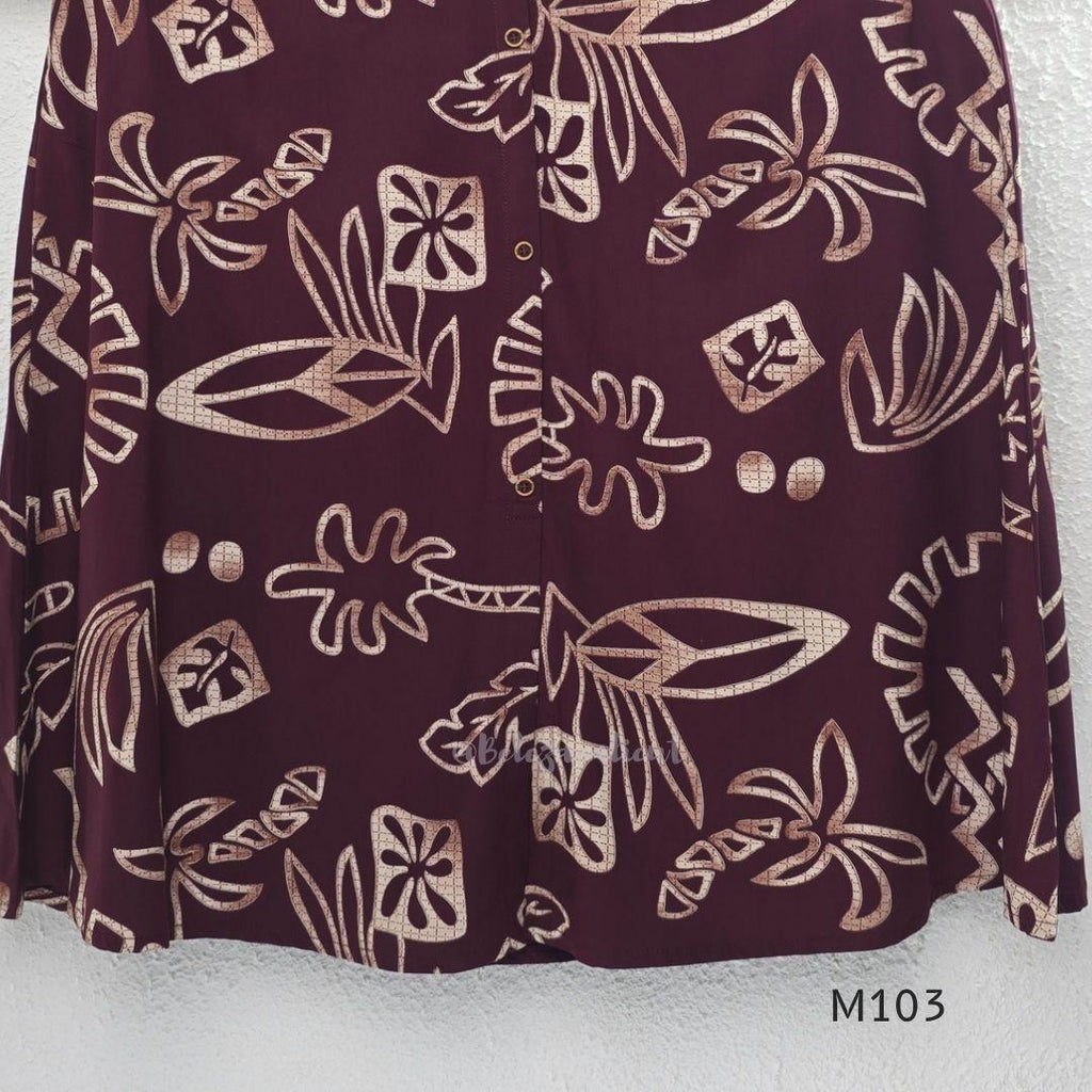Deep plum rayon A-line 2-piece set with beige abstract print, collar neckline, front buttons and matching printed bottom.
