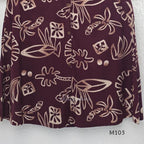 Deep plum rayon A-line 2-piece set with beige abstract print, collar neckline, front buttons and matching printed bottom.