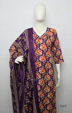 Deep purple cotton churidar set with rose floral print, matching dupatta, 3/4 sleeves, and embellished V-neckline displayed on mannequin.