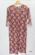 Purple Jaipur cotton churidar set with floral print, V-neck detail, matching printed bottom and dupatta.