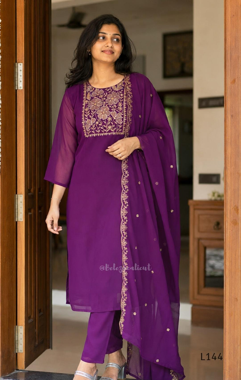 Deep purple georgette 3-piece straight ethnic set with embroidered floral yoke, matching pant and embellished dupatta.