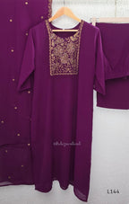 Deep purple georgette 3-piece straight ethnic set with embroidered floral yoke, matching pant and embellished dupatta.