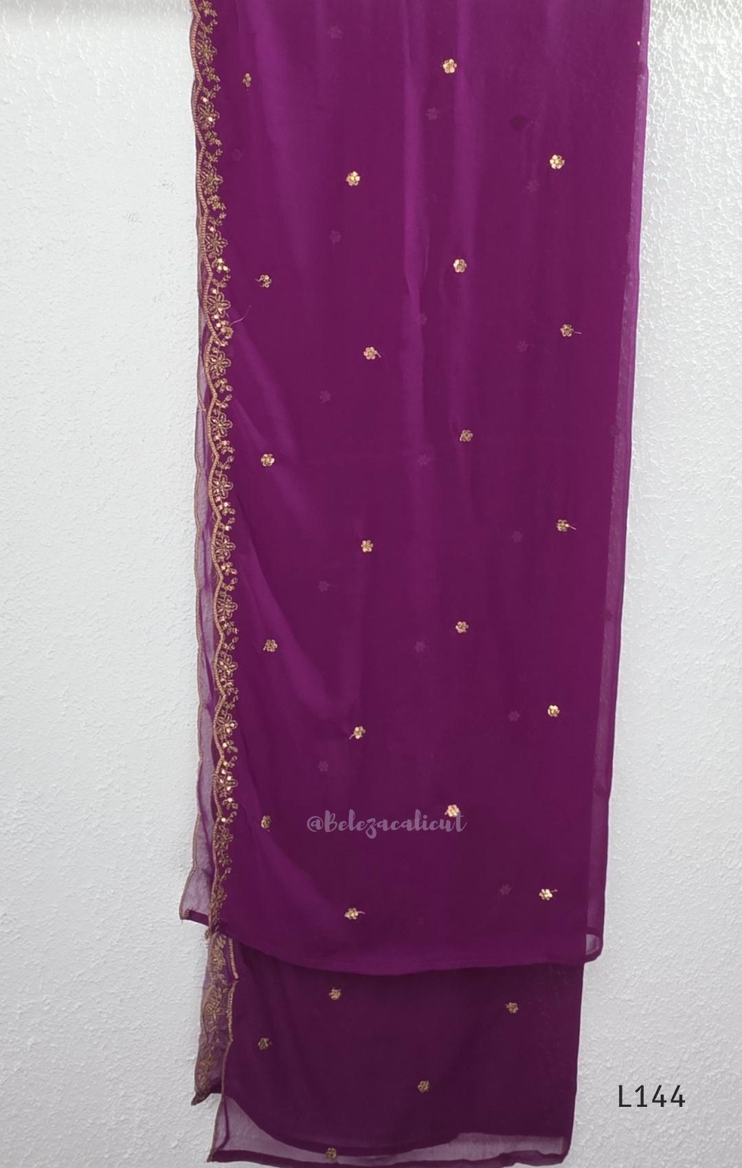 Deep purple georgette 3-piece straight ethnic set with embroidered floral yoke, matching pant and embellished dupatta.