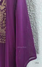 Deep purple georgette 3-piece straight ethnic set with embroidered floral yoke, matching pant and embellished dupatta.