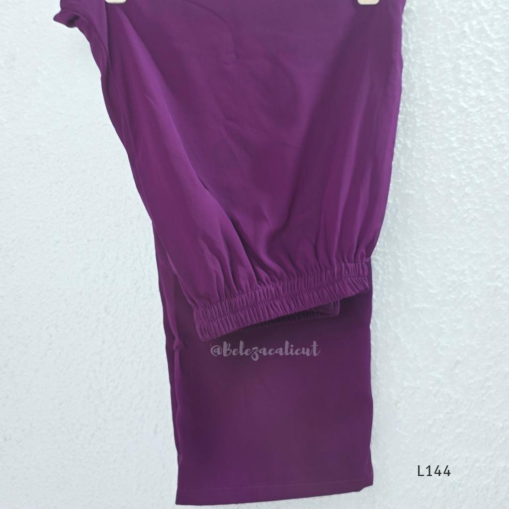 Deep purple georgette 3-piece straight ethnic set with embroidered floral yoke, matching pant and embellished dupatta.