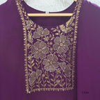 Deep purple georgette 3-piece straight ethnic set with embroidered floral yoke, matching pant and embellished dupatta.