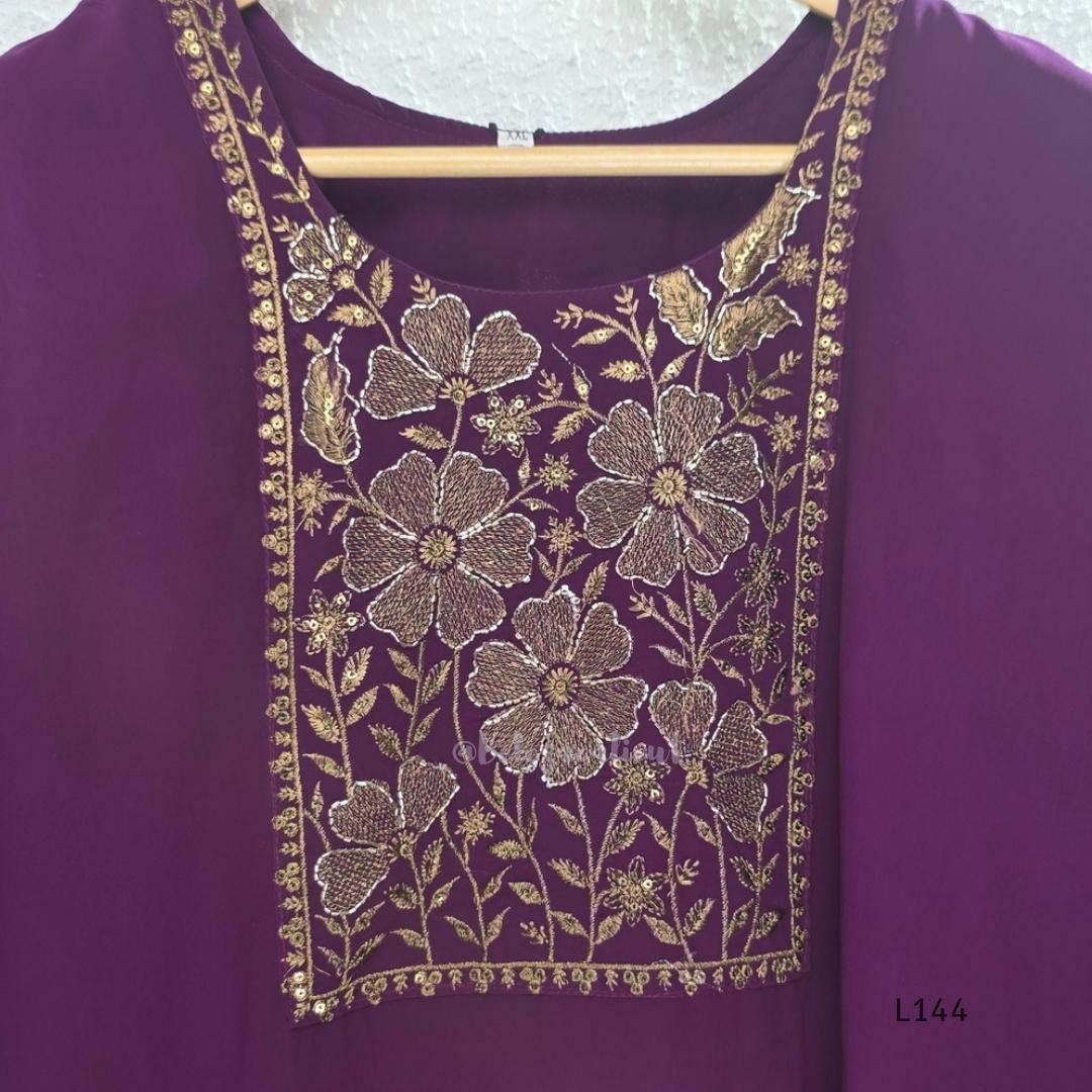 Deep purple georgette 3-piece straight ethnic set with embroidered floral yoke, matching pant and embellished dupatta.