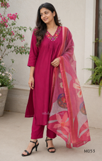 Silk blend 3-piece churidar set in teal, rani pink and rust shades with floral V-neck embroidery, printed dupatta and straight pant.