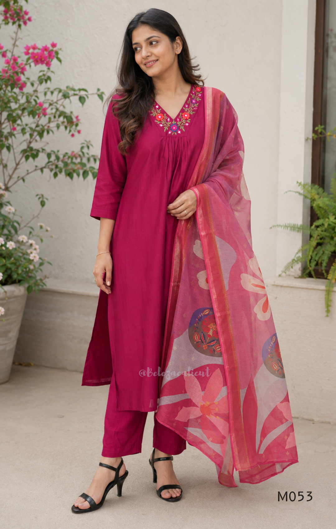 Silk blend 3-piece churidar set in teal, rani pink and rust shades with floral V-neck embroidery, printed dupatta and straight pant.