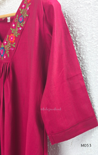 Silk blend 3-piece churidar set in teal, rani pink and rust shades with floral V-neck embroidery, printed dupatta and straight pant.