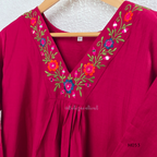 Silk blend 3-piece churidar set in teal, rani pink and rust shades with floral V-neck embroidery, printed dupatta and straight pant.