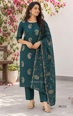 Deep teal Vichitra Silk churidar set with gold paisley work, straight bottom and coordinated embroidered dupatta.