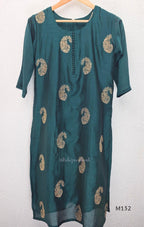 Deep teal Vichitra Silk churidar set with gold paisley work, straight bottom and coordinated embroidered dupatta.