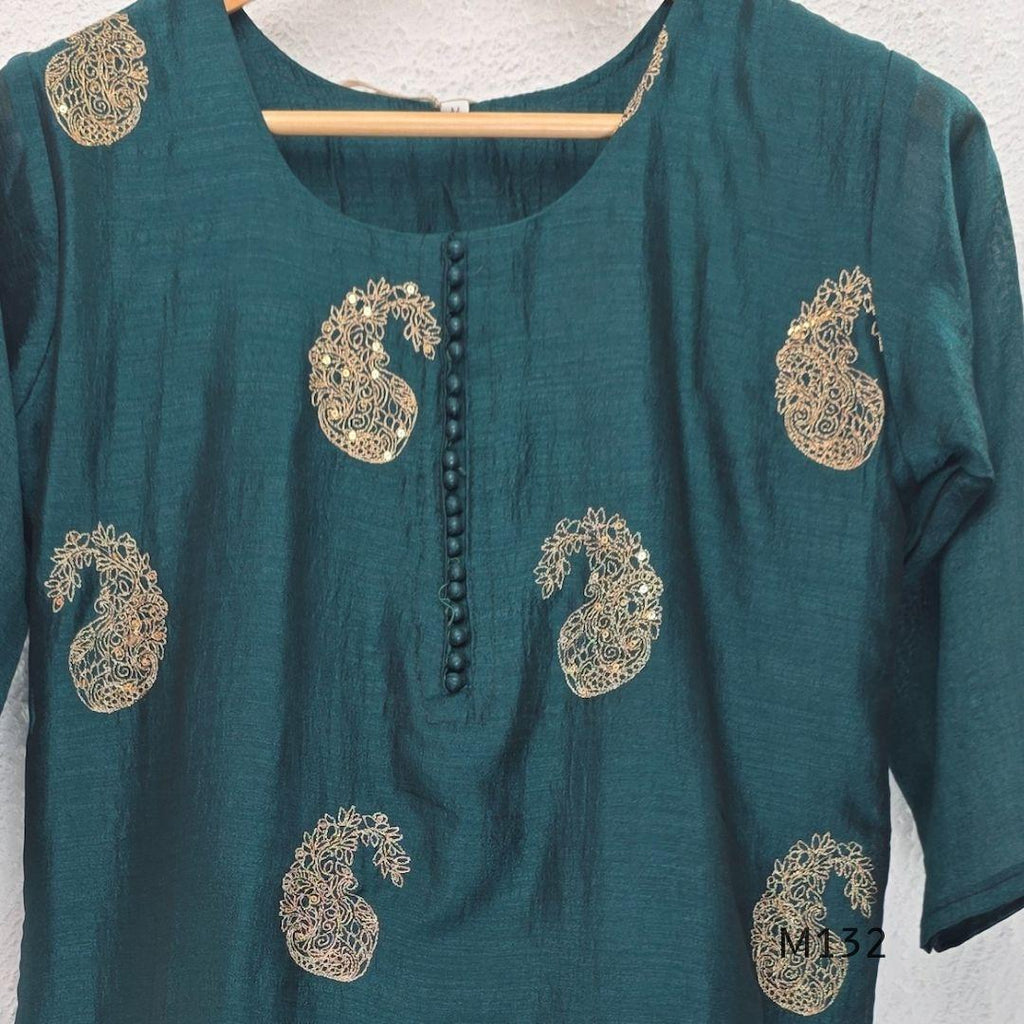 Deep teal Vichitra Silk churidar set with gold paisley work, straight bottom and coordinated embroidered dupatta.