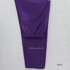 Purple cotton 3-piece churidar set with yellow floral embroidery, V-neck, matching dupatta and plain bottom.