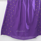 Purple cotton 3-piece churidar set with yellow floral embroidery, V-neck, matching dupatta and plain bottom.