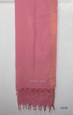 Dusty rose cotton lined 3-piece ethnic set with V-neck pintuck yoke, matching pant and textured tassel dupatta.