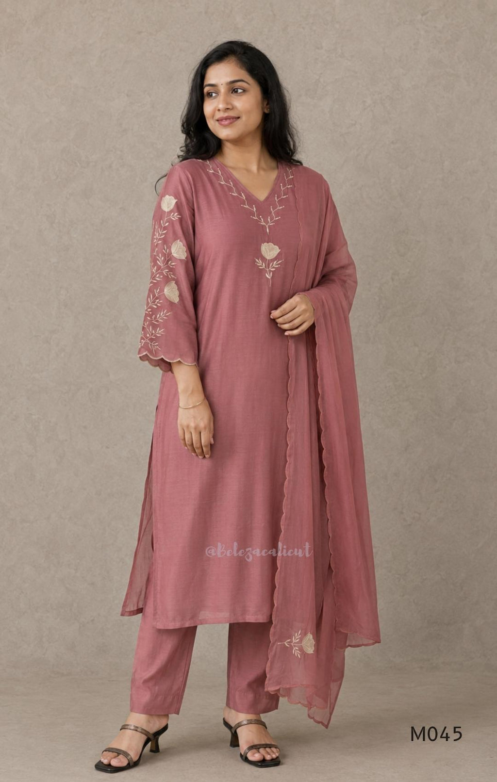 Dusty rose mul chanderi 3-piece churidar set with beige floral embroidery, scallop dupatta border, relaxed fit.