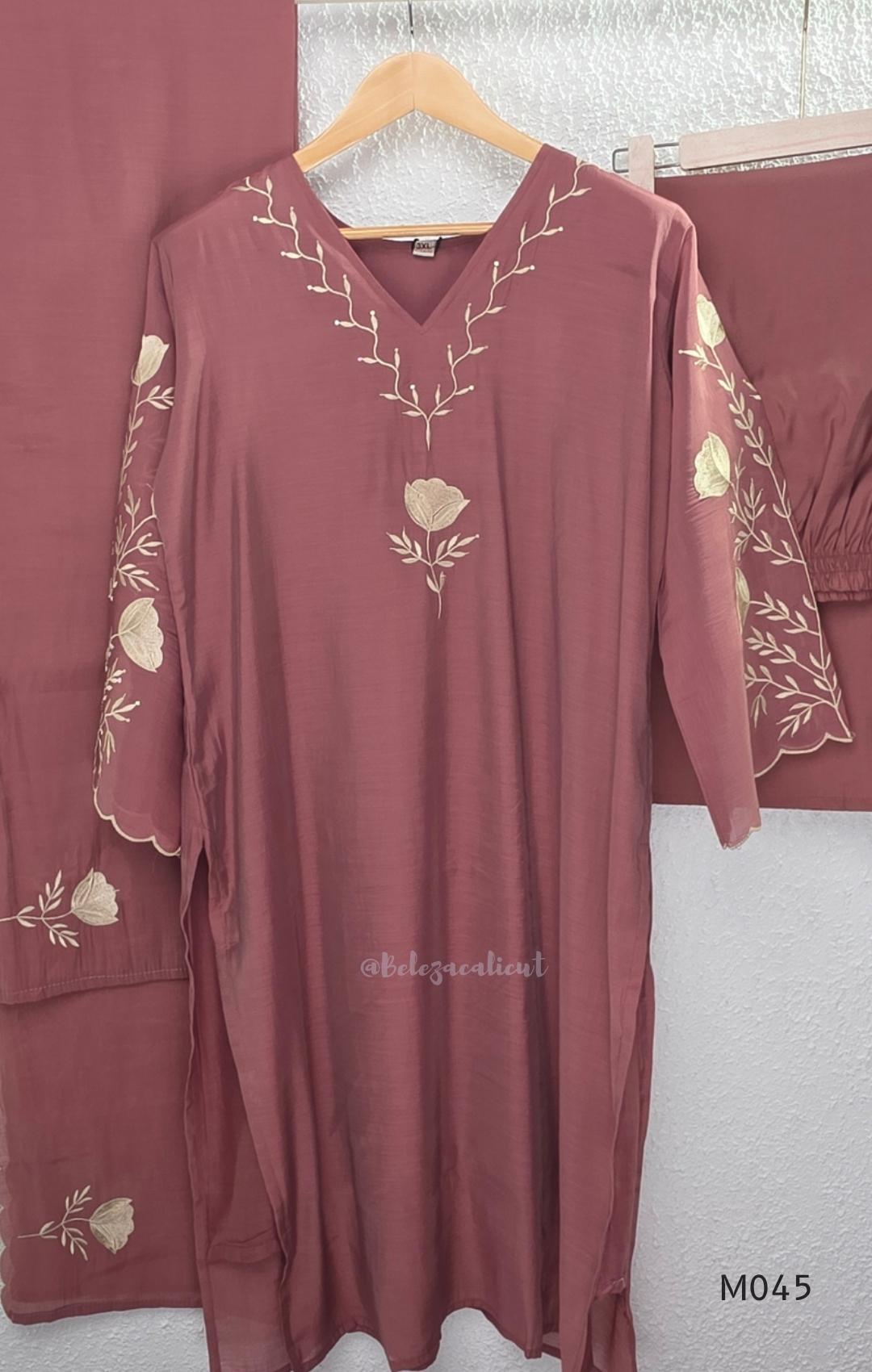 Dusty rose mul chanderi 3-piece churidar set with beige floral embroidery, scallop dupatta border, relaxed fit.
