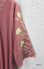 Dusty rose mul chanderi 3-piece churidar set with beige floral embroidery, scallop dupatta border, relaxed fit.