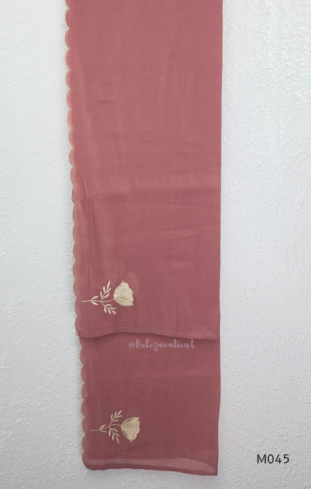 Dusty rose mul chanderi 3-piece churidar set with beige floral embroidery, scallop dupatta border, relaxed fit.