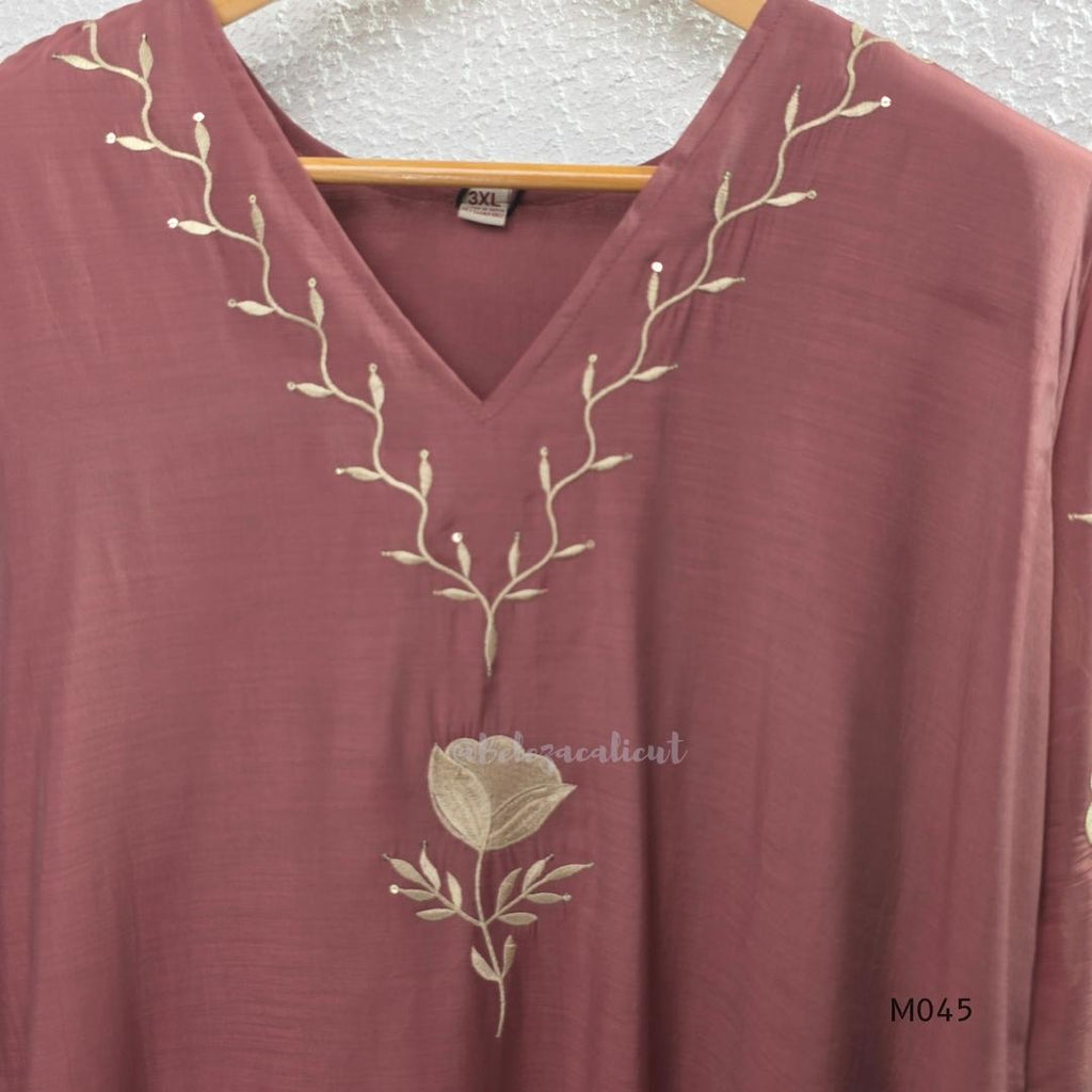 Dusty rose mul chanderi 3-piece churidar set with beige floral embroidery, scallop dupatta border, relaxed fit.
