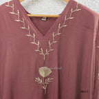Dusty rose mul chanderi 3-piece churidar set with beige floral embroidery, scallop dupatta border, relaxed fit.
