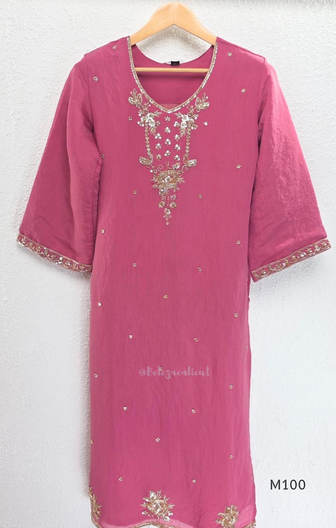 Pink, lavender, teal and mustard crushed silk churidar sets with gold-toned embroidery, matching bottoms and dupattas.