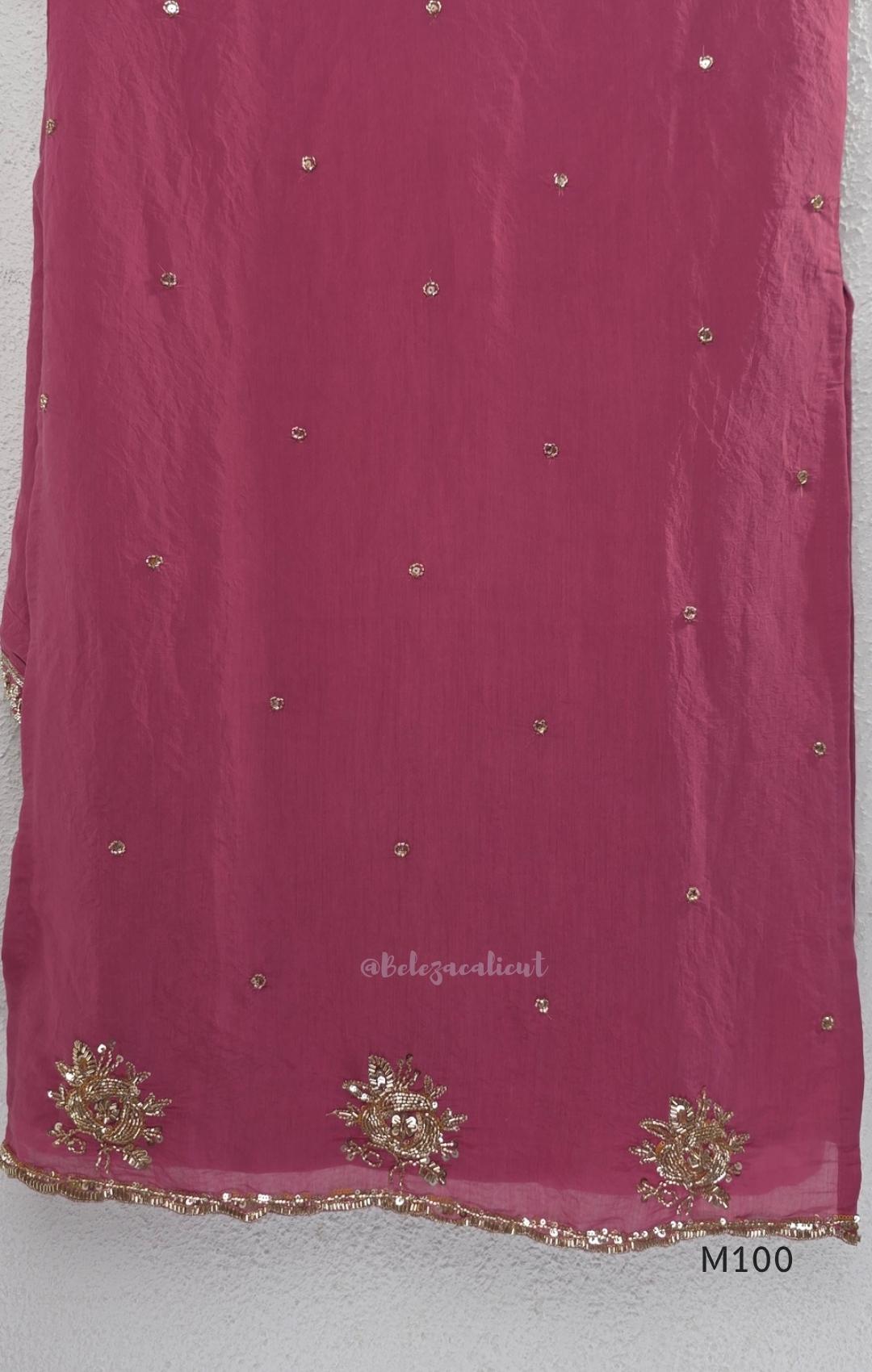 Pink, lavender, teal and mustard crushed silk churidar sets with gold-toned embroidery, matching bottoms and dupattas.