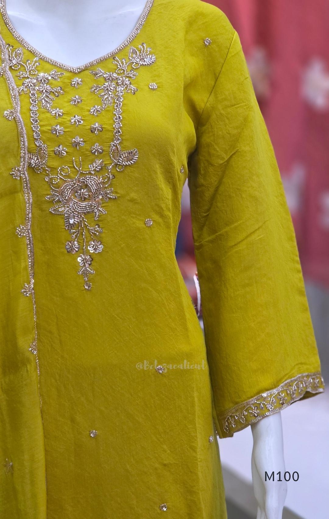 Pink, lavender, teal and mustard crushed silk churidar sets with gold-toned embroidery, matching bottoms and dupattas.