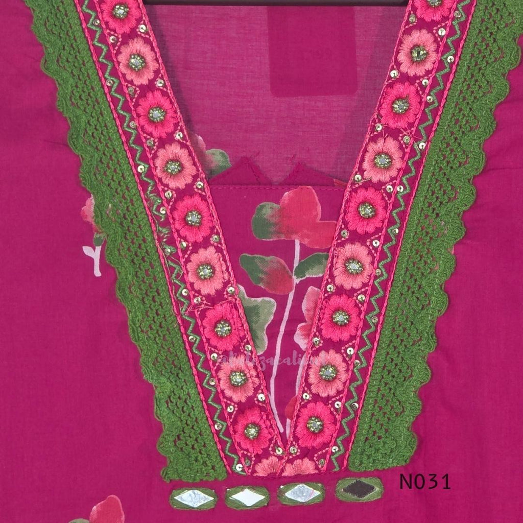 Pink cotton three-piece churidar set with floral print, green lace and embroidered neckline details, plain wide palazzo pants and a floral-border dupatta. - view 8