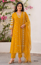 Georgette A-line 3-piece set with gold embroidered neckline, sleeve border, matching dupatta and festive colour options.