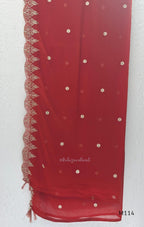 Georgette A-line 3-piece set with gold embroidered neckline, sleeve border, matching dupatta and festive colour options.