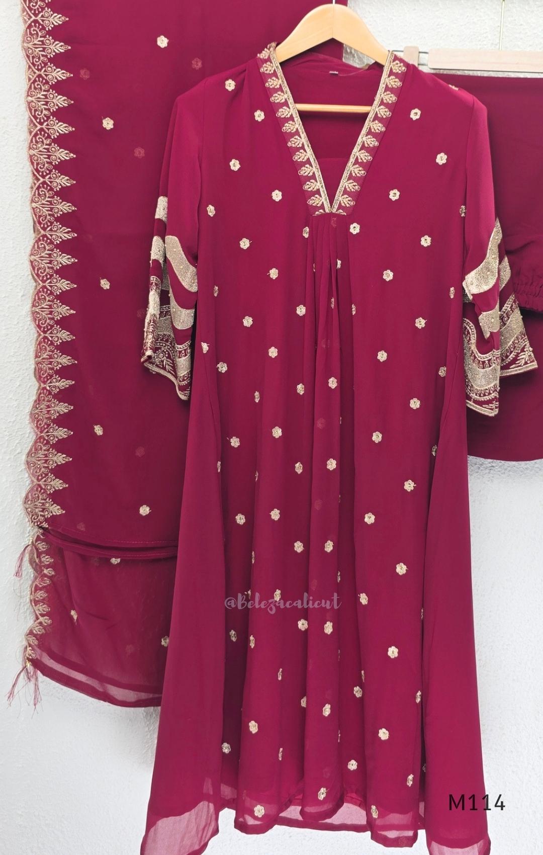 Georgette A-line 3-piece set with gold embroidered neckline, sleeve border, matching dupatta and festive colour options.